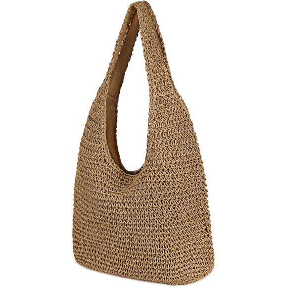 Women's Khaki Large Straw Beach Bag Handmade Woven Shoulder Hobo Tote Handbag - Picture 2 of 6